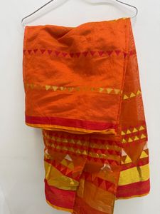 Vibrant Orange Saree with Golden Accents
