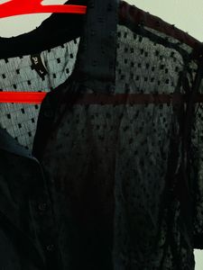 Sheer Black Dot Button-Up Top