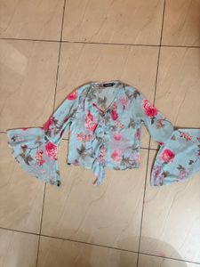 Chic Floral Bell Sleeve Tie-Front Blouse