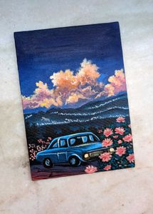 Vintage Car &amp; Sunset Painting