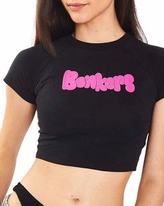 BONKERS CORNER black round neck cotton crop Tshirt