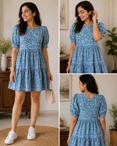 Blue Floral Tiered Mini Dress