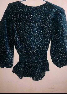 New Chic Navy Peplum Blouse with Ditsy Print