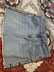 Stylish Light Blue Denim Mini Skirt with Side Tape