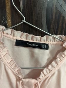 Chic Pink Blouse with Ruffle Neckline