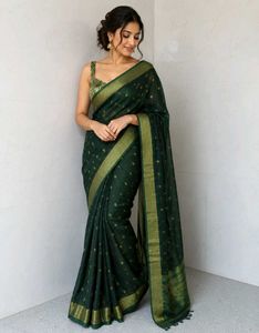 Elegant Dark Green Saree with Golden Accents