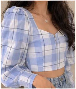 Blue Plaid Zip-up Puff Sleeve Corset Crop Top