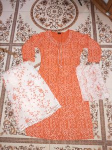 Elegant Orange Printed Cotton Suit Set with Dupatt