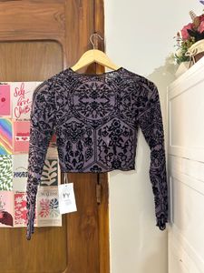Sheer Black &amp; Purple Floral Print Top