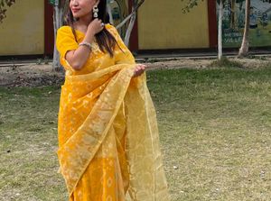 Stunning Yellow Silk Saree with Goldwork