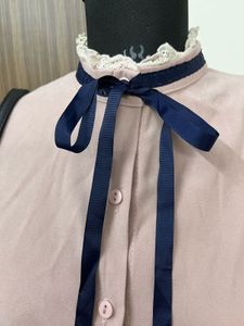 Chic Pink Bow Neck Long Sleeve Blouse