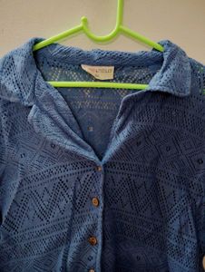 Blue Crochet Button-Up Shirt
