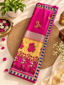 Premium Pink &amp; Yellow Floral Saree