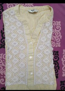 Max Yellow Striped Kurta with Lace Neckline