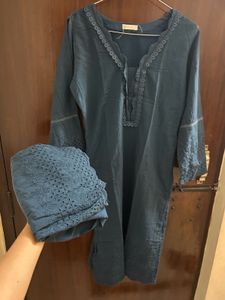 Teal Blue Cotton Schiffli Kurta Set