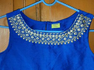 Elegant Blue Embroidered Sleeveless Blouse