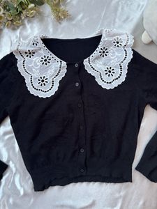Black Cardigan with White Embroidered Collar