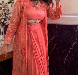 Coral Sequined blouse lehnga Set with Jacket