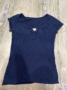 Navy Blue T-Shirt with Lace Neckline