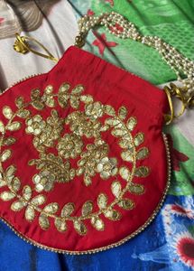 Red Embroidered Clutch Bag with Pearls
