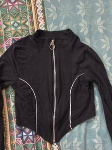 Black Zip-Up Jacket with White Piping