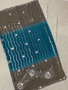 Elegant Embellished Saree - Teal and Brown
