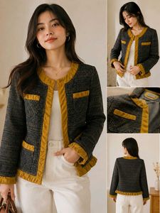 Stylish Tweed Jacket with Mustard Trim