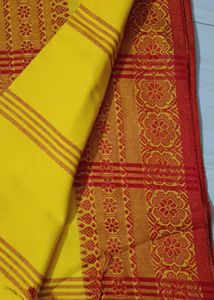 85)yellow red begumpuri saree