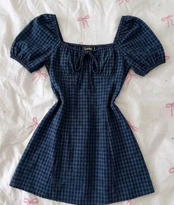 y2k Blue Gingham Puff Sleeve Dress