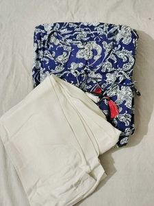 Blue Floral Anarkali Kurta with White Palazzos