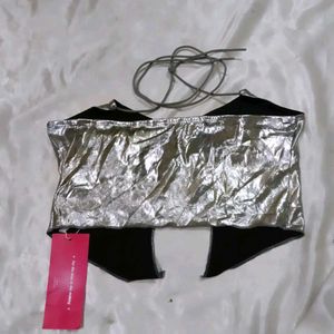 Silver Halter Neck Crop Top