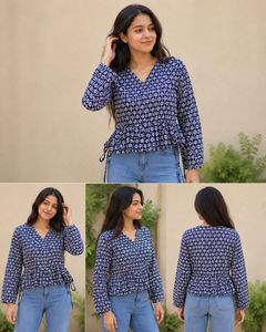 Navy Blue Embroidered Peplum Top | Casual Ethnic W