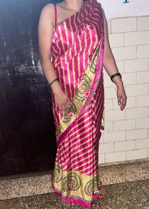 Vibrant Pink &amp; Gold Striped crepe Saree