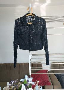 Black Lace Button-Down Top