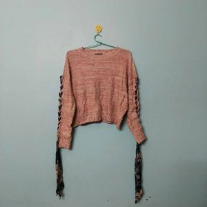 Cute Pink Lace-Up Sleeve Sweater