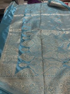 Teal Silk Saree with Gold Border