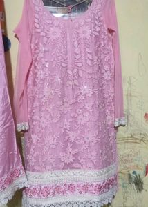 Pink Embroidered Kurta set with lace work dupatta