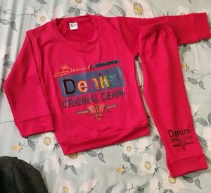 Kids Red Denim Print Sweatshirt &amp; Pants Set