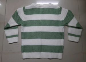 White and Sage Green Striped Knit Sweater