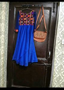Blue Embroidered Anarkali Gown and bag