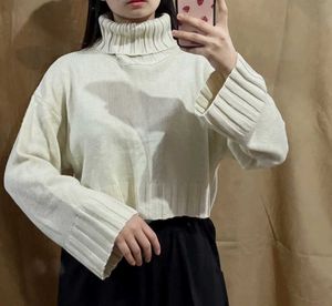 Cream Ribbed Turtleneck Cropped Sweater