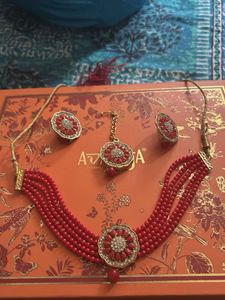 Red Beaded Jewellery Set with Earrings & Tikka