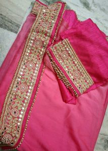 Elegant Pink Saree with Mirror Work Border