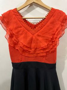S Orange &amp; Black Ruffle Belted Fit &amp; Flare Dress