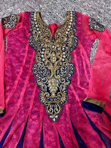 Beautiful Pink &amp; Blue Embroidered Anarkali Suit