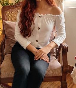 White Off-Shoulder Button Top