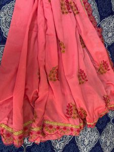 Embroidered Peach-Pink Saree with Blouse