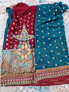 Exquisite Maroon &amp; Teal Embroidered Saree