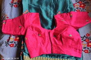 Teal &amp; Pink Embroidered Saree