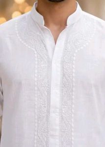 Pure cotton White Embroidered Kurta pajama set